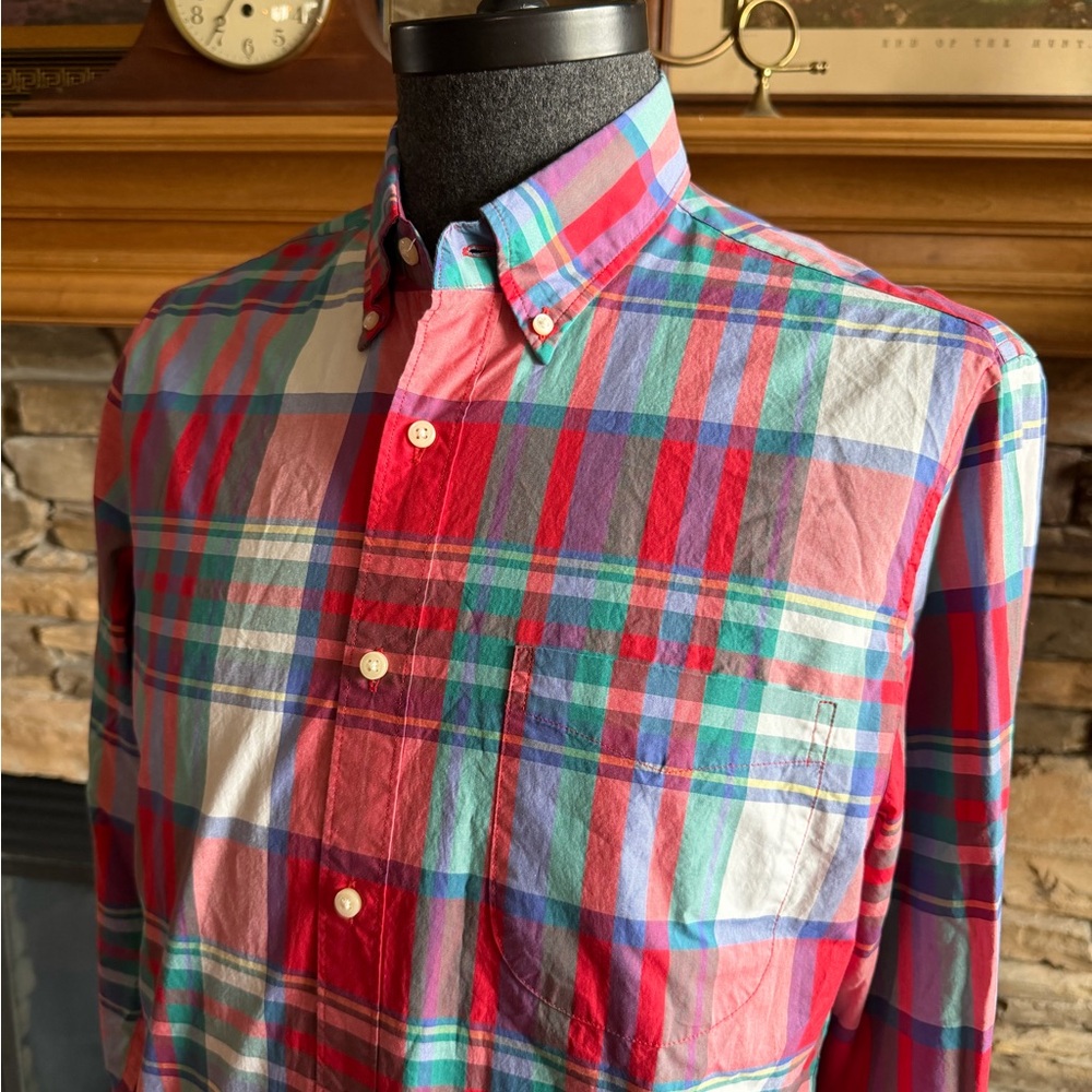 J CREW ⚓️ Men’s Red & Teal Plaid All Cotton Button Down Shirt - Size MEDIUM